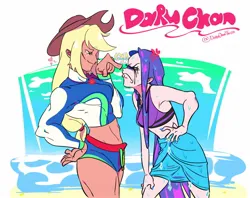 Size: 1572x1242 | Tagged: safe, artist:daruchanthe1st, derpibooru import, applejack, rarity, human, abs, applejack's hat, beach, clothes, cowboy hat, cross-popping veins, duo, duo female, emanata, eyeshadow, female, freckles, grin, hat, humanized, image, jpeg, lesbian, makeup, midriff, muscles, nail polish, rarijack, rarity is not amused, running makeup, running mascara, sand, shipping, size difference, skirt, smiling, swimsuit, unamused, water, wet, wet hair