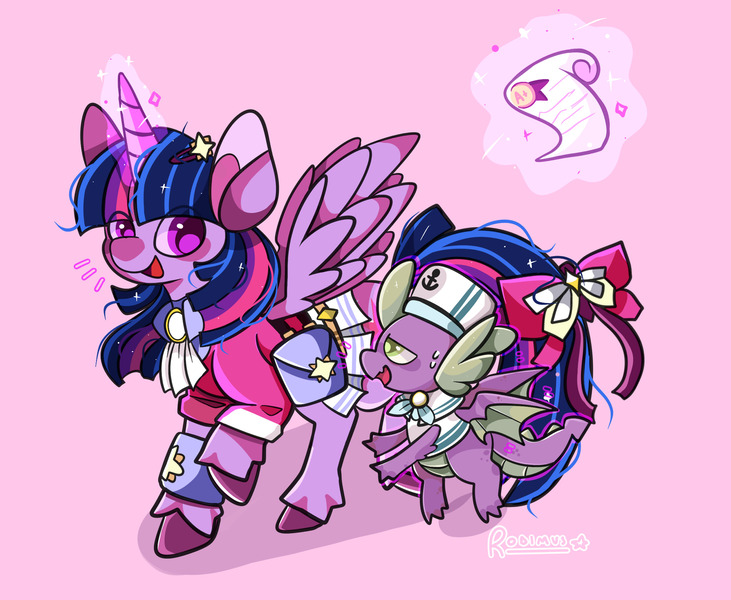 Size: 2048x1681 | Tagged: safe, artist:redhooves, derpibooru import, spike, twilight sparkle, twilight sparkle (alicorn), alicorn, dragon, pony, clothes, cute, glow, glowing horn, horn, image, jpeg, magic, scroll, winged spike, wings