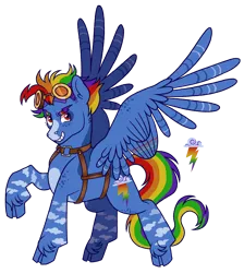 Size: 1488x1664 | Tagged: safe, artist:draculaflow3, artist:fizzmitz, derpibooru import, rainbow dash, pegasus, pony, alternate design, cloven hooves, coat markings, facial markings, female, goggles, goggles on head, grin, harness, hoof fluff, image, mare, png, simple background, smiling, snip (coat marking), solo, tack, transparent background, twitterina design