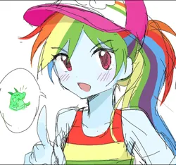 Size: 1068x1000 | Tagged: safe, artist:hey1930395, derpibooru import, rainbow dash, human, equestria girls, g4, alternate hairstyle, blushing, image, implied dragon, jpeg, looking at you, speech bubble