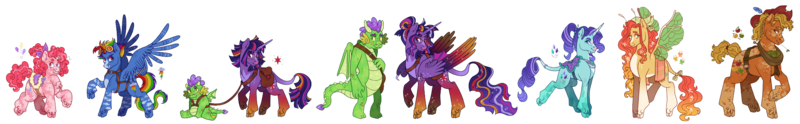 Size: 2048x318 | Tagged: safe, artist:draculaflow3, artist:fizzmitz, derpibooru import, applejack, fluttershy, pinkie pie, rainbow dash, rarity, spike, twilight sparkle, twilight sparkle (alicorn), alicorn, classical unicorn, crystal pony, dragon, earth pony, flutter pony, pegasus, pony, unicorn, g4, alternate design, antennae, bag, blaze (coat marking), chest fluff, claws, cloven hooves, coat markings, duo, ethereal mane, facial hair, facial markings, female, freckles, glasses, goatee, goggles, goggles on head, gradient legs, grin, harness, hoof fluff, horn, horse collar, hybrid wings, image, leash, leonine tail, mane seven, mane six, mare, older, pale belly, png, race swap, redesign, saddle, saddle bag, simple background, smiling, snip (coat marking), star (coat marking), starry legs, starry mane, starry wings, straw in mouth, tack, tail, transparent background, unshorn fetlocks, wing claws, winged spike, wings