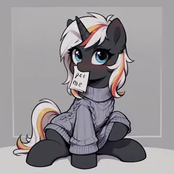 Size: 1024x1024 | Tagged: safe, ai content, derpibooru import, machine learning generated, prompter:foxpony, stable diffusion, oc, oc:velvet remedy, unofficial characters only, pony, unicorn, fallout equestria, g4, blushing, clothes, covering, covering crotch, generator:pony diffusion v6 xl, horn, image, looking at you, png, simple background, solo, sweater