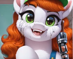 Size: 5056x4096 | Tagged: safe, ai content, derpibooru import, machine learning generated, prompter:radioglitch, stable diffusion, bat pony, fangs, female, generator:pony diffusion v6 xl, green eyes, image, looking at you, png, redhead, smiling