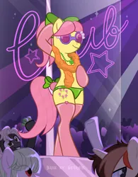 Size: 3893x5001 | Tagged: safe, artist:ghostpikachu, derpibooru import, posey (g5), pony, semi-anthro, g5, base artist:seurnik, base used, bedroom eyes, bipedal, bow, clothes, club, dancing, derpibooru exclusive, feather boa, hair bow, high res, image, jewelry, lidded eyes, necklace, novelty glasses, panties, party, png, pole, pole dancing, scarf, seductive, seductive look, seductive pose, sexy, solo focus, spotlight, stripper pole, underwear