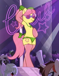 Size: 3893x5001 | Tagged: safe, alternate version, artist:ghostpikachu, derpibooru import, posey (g5), pony, semi-anthro, g5, base artist:seurnik, base used, bedroom eyes, bipedal, bow, clothes, club, dancing, derpibooru exclusive, hair bow, high res, image, jewelry, lidded eyes, necklace, novelty glasses, panties, party, png, pole, pole dancing, seductive, seductive look, seductive pose, sexy, solo focus, spotlight, stripper pole, underwear