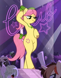 Size: 3893x5001 | Tagged: safe, alternate version, artist:ghostpikachu, derpibooru import, posey (g5), pony, semi-anthro, g5, base artist:seurnik, base used, bedroom eyes, bipedal, bow, club, dancing, derpibooru exclusive, hair bow, high res, image, jewelry, lidded eyes, necklace, novelty glasses, party, png, pole, pole dancing, seductive, seductive look, seductive pose, sexy, solo focus, spotlight, stripper pole