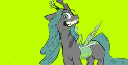 Size: 1463x743 | Tagged: safe, artist:anonymous, queen chrysalis, changeling, changeling queen, /mlp/, 4chan, drawthread, female, green background, grin, image, looking sideways, png, silly, simple background, smiling, solo