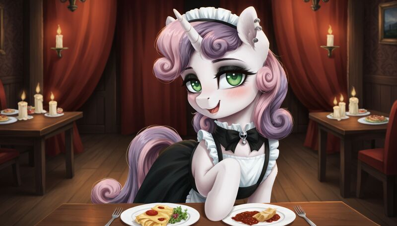 Size: 3360x1920 | Tagged: safe, ai content, derpibooru import, machine learning generated, sweetie belle, pony, unicorn, g4, blushing, candle, chair, clothes, curtains, ear piercing, earring, eyeshadow, female, food, fork, horn, image, jewelry, jpeg, lidded eyes, maid, maid headdress, makeup, mare, open mouth, piercing, plate, raised hoof, restaurant, smiling, solo