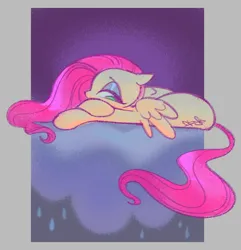 Size: 1340x1391 | Tagged: safe, artist:shugrcube, derpibooru import, fluttershy, pegasus, pony, g4, cloud, dark purple background, female, gray background, image, lidded eyes, lying down, lying on a cloud, mare, on a cloud, pink hair, pink mane, pink tail, png, rain, raincloud, sad, simple background, solo, spread wings, tail, wings