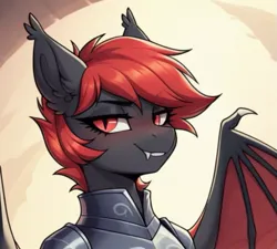 Size: 707x637 | Tagged: safe, ai content, derpibooru import, generator:civitai, machine learning generated, prompter:onyxvesper, stable diffusion, oc, oc:midnight spiral, unofficial characters only, bat pony, pony, armor, bat eyes, bat wings, ear fluff, fangs, female, generator:pony diffusion v6 xl, guardsmare, image, jpeg, mare, night guard, royal guard, smiling, smirk, solo, wings