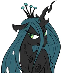 Size: 1072x1256 | Tagged: safe, artist:winterdominus, color edit, colorist:anonymous, edit, queen chrysalis, changeling, changeling queen, /mlp/, 4chan, colored, drawthread, fangs, female, frown, image, looking sideways, png, raised hoof, simple background, slit eyes, smiling, smirk, solo, white background