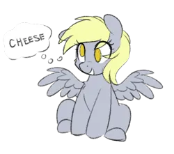 Size: 340x300 | Tagged: safe, artist:higgly-chan, artist:polofastter, derpibooru import, derpy hooves, pegasus, pony, g4, cheese, eye clipping through hair, food, image, no tail, open mouth, png, simple background, sitting, sketch, smiling, solo, spread wings, thought bubble, transparent background, wings