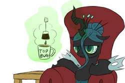 Size: 1000x666 | Tagged: safe, artist:anonymous, color edit, colorist:dropboxfag, edit, queen chrysalis, changeling, changeling queen, /mlp/, 4chan, alternate hairstyle, armchair, colored, cup, drawthread, female, food, glowing horn, horn, image, levitation, magic, png, simple background, slit eyes, solo, tea, teabag, telekinesis, tired, tired eyes, top bug, white background