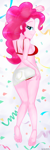 Size: 609x1828 | Tagged: suggestive, artist:charliexe, derpibooru import, pinkie pie, human, equestria girls, g4, 2d, ass, balloonbutt, barefoot, bedroom eyes, bra, breasts, butt, clothes, curly hair, dakimakura cover, feet, female, image, jpeg, legs, looking at you, lying down, panties, sideboob, sideburns, skirt, skirt lift, smiling, smiling at you, soles, underwear