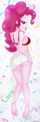 Size: 1417x4252 | Tagged: suggestive, artist:charliexe, ponerpics import, pinkie pie, equestria girls, bikini, breasts, clothes, feet, female, image, jpeg, looking at you, looking back, lying down, prone, swimsuit