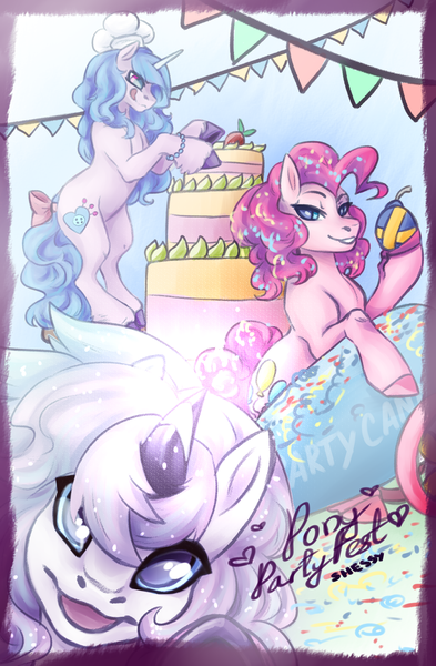 Size: 1600x2440 | Tagged: safe, artist:shessy-lai, derpibooru import, izzy moonbow, pinkie pie, earth pony, pony, unicorn, g5, bipedal, cake, female, food, horn, image, izzy and her heroine, mare, png, tongue out