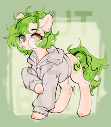 Size: 3500x4000 | Tagged: safe, artist:flutte3rbutt, artist:flutterbutt, derpibooru import, oc, pony, adoptable, bookworm, clothes, golden eyes, green hair, hoodie, image, nerd, png, watermark