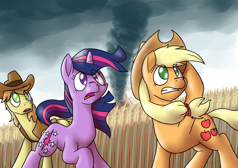 Size: 4092x2893 | Tagged: safe, artist:timsplosion, derpibooru import, applejack, braeburn, twilight sparkle, earth pony, pony, unicorn, g4, corn field, female, gritted teeth, image, jpeg, male, mare, no pupils, open mouth, stallion, teeth, tornado, trio, twister, twisters, unicorn twilight, wind, windswept mane