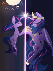 Size: 1620x2160 | Tagged: safe, artist:e179318543, artist:太阳鸭, derpibooru import, princess twilight 2.0, twilight sparkle, twilight sparkle (alicorn), alicorn, pony, unicorn, g4, the last problem, applejack's cutie mark, crown, digital art, duality, ethereal mane, ethereal tail, eyes closed, feather, female, floating, flowing mane, flowing tail, fluttershy's cutie mark, gem, glow, glowing horn, hoof shoes, horn, image, jewelry, jpeg, looking at each other, looking at someone, magic, mare, older, older twilight, older twilight sparkle (alicorn), peytral, pinkie pie's cutie mark, princess shoes, rainbow dash's cutie mark, rarity's cutie mark, regalia, sad, solo, sparkles, spread wings, stars, tail, unicorn twilight, wallpaper, wings