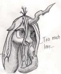 Size: 1155x1391 | Tagged: safe, artist:anonymous, queen chrysalis, changeling, changeling queen, /mlp/, 4chan, dialogue, drawthread, drunk, female, floppy ears, image, jpeg, lidded eyes, monochrome, open mouth, pencil drawing, raised hoof, solo, traditional art