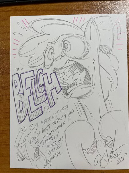 Size: 1536x2048 | Tagged: safe, artist:andy price, artist:andypriceart, derpibooru import, apple bloom, applejack, earth pony, pony, g4, andy price, andy you magnificent bastard, burp, cutie mark, female, filly, foal, funny, image, jpeg, mare, paper, partial color, pencil drawing, rating, siblings, sisters, traditional art