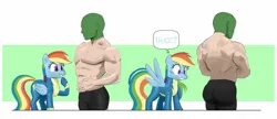 Size: 2048x888 | Tagged: suggestive, artist:_ton618_, derpibooru import, rainbow dash, oc, oc:anon, human, pegasus, pony, g4, 2 panel comic, abs, ass, butt, clothes, comic, duo, duo male and female, female, human fetish, image, jpeg, male, mare, muscles, muscular male, partial nudity, passepartout, pecs, simple background, spread wings, straight, thick, thought bubble, topless, uniform, white background, wingboner, wings, wonderbolts uniform