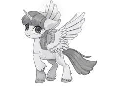 Size: 1680x1198 | Tagged: safe, artist:mink, derpibooru import, twilight sparkle, twilight sparkle (alicorn), alicorn, pony, g4, black and white, cute, floppy ears, grayscale, happy, image, jpeg, looking at you, monochrome, raised hoof, simple background, smiling, solo, spread wings, unshorn fetlocks, white background, wings