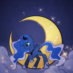 Size: 1680x1680 | Tagged: safe, artist:mink, derpibooru import, princess luna, alicorn, pony, g4, cloud, crescent moon, hoof shoes, image, jpeg, moon, raised hoof, solo