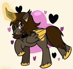 Size: 2048x1946 | Tagged: safe, artist:shon351, derpibooru import, oc, oc:sleepy sketch, unofficial characters only, alicorn, pony, unicorn, alicorn oc, artfight, ear piercing, eyeshadow, heart, horn, image, jpeg, makeup, piercing, pose, signature, simple background, smiling, solo, tongue out, white background, wings, yellow eyeshadow