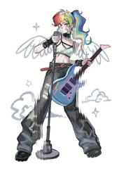 Size: 1429x2102 | Tagged: safe, artist:leiyezhongma1, artist:remlo, derpibooru import, part of a set, rainbow dash, human, electric guitar, guitar, humanized, image, jpeg, microphone, microphone stand, musical instrument, simple background, white background