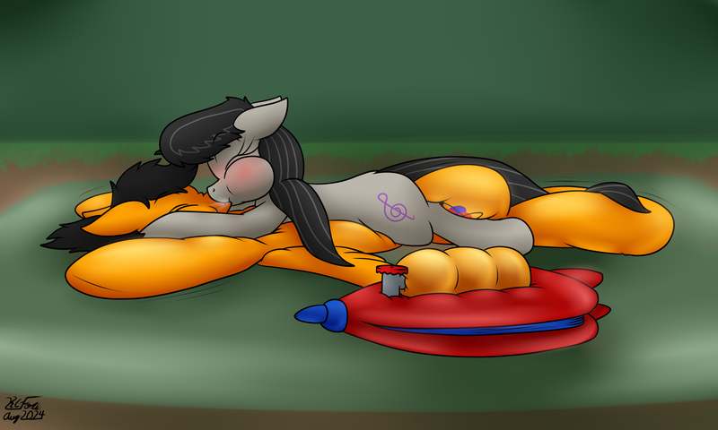 Size: 2748x1649 | Tagged: safe, artist:the-furry-railfan, derpibooru import, octavia melody, oc, oc:twintails, earth pony, pegasus, air tank, bellows, flattened, image, inflatable, inflatable toy, inflation, kiss inflation, kissing, png, puffy cheeks, this will end in balloons