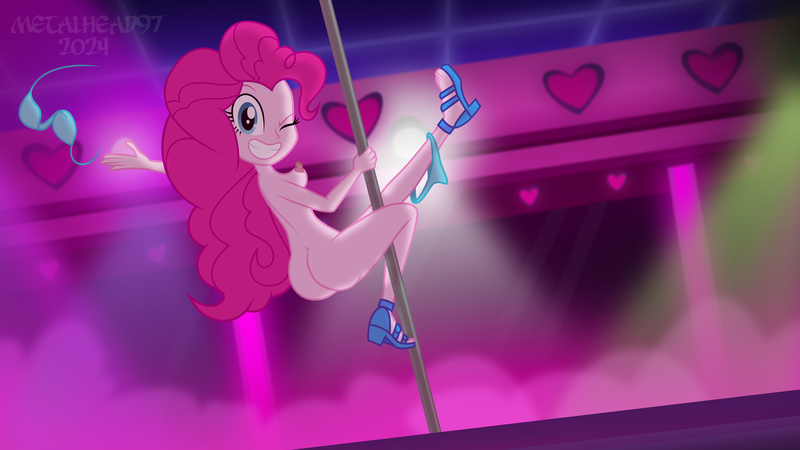 Size: 8000x4500 | Tagged: questionable, artist:metalhead97, derpibooru import, pinkie pie, sunset shimmer, equestria girls, g4, adorasexy, adult, ass, balloonbutt, big grin, boots, bra, breasts, busty pinkie pie, butt, clothes, commission, cute, discarded clothing, grin, high heel boots, high heels, image, looking at you, looking back, naked shoes, nipples, nudity, one eye closed, one leg raised, open toe shoes, panties, panties around legs, png, pole dancing, public nudity, raised leg, seductive, seductive look, seductive pose, sexy, shoes, shoes only, show accurate, show accurate porn, smiling, smiling at you, smoke, solo, stage, stage light, strip club, stripper, stripper pole, striptease, stupid sexy pinkie, underboob, underwear, wink, winking at you