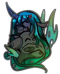 Size: 659x811 | Tagged: safe, artist:koveliana, queen chrysalis, changeling, changeling queen, /chag/, /mlp/, 4chan, ^^, duo, eyes closed, female, hairpin, hug, image, png, simple background, smiling, transparent background