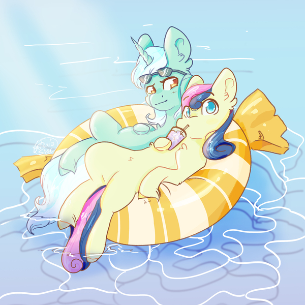 Size: 3000x3000 | Tagged: safe, artist:galaxiastar1, derpibooru import, bon bon, lyra heartstrings, sweetie drops, earth pony, pony, unicorn, g4, drink, drinking, drinking straw, duo, duo female, female, horn, image, inner tube, jpeg, lesbian, looking at you, lounging, lying down, lyrabon, mare, on back, pool toy, shipping, signature, summer, sunglasses, sunglasses on head, unshorn fetlocks