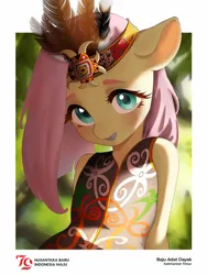 Size: 972x1296 | Tagged: safe, artist:wendy craft tri, derpibooru import, fluttershy, anthro, pegasus, arm behind back, blushing, clothes, female, image, indonesian, jpeg, looking at you, smiling, solo, traditional clothing