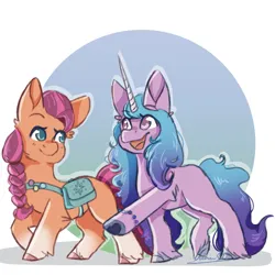 Size: 3000x3000 | Tagged: safe, artist:galaxiastar1, derpibooru import, izzy moonbow, sunny starscout, earth pony, pony, unicorn, g5, my little pony: a new generation, bracelet, duo, duo female, female, friendship bracelet, hoof heart, horn, image, jewelry, jpeg, lesbian, looking at each other, looking at someone, mare, open mouth, open smile, raised hoof, ship:moonscout, shipping, smiling, sunny's bag, tail, underhoof, unshorn fetlocks, upside-down hoof heart, walking