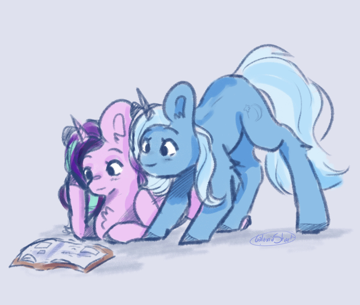 Size: 3000x2541 | Tagged: safe, artist:galaxiastar1, derpibooru import, starlight glimmer, trixie, pony, unicorn, g4, book, chest fluff, duo, duo female, female, horn, image, jpeg, lying down, mare, prone, reading, signature, simple background, tail