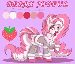 Size: 3807x3291 | Tagged: safe, artist:pananovich, derpibooru import, oc, oc:berry joyful, unofficial characters only, earth pony, pony, bathrobe, big lips, bimbo, bimbo oc, chest fluff, clothes, commission, female, image, lidded eyes, mare, name, open mouth, open smile, png, purple background, raised hoof, reference sheet, robe, simple background, smiling, solo