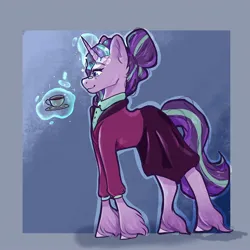 Size: 2048x2048 | Tagged: safe, artist:galaxiastar1, derpibooru import, starlight glimmer, pony, unicorn, g4, clothes, coffee, cup, female, glow, glowing horn, guidance counselor, horn, image, jpeg, levitation, magic, magic aura, mare, older, older starlight glimmer, skirt, smiling, solo, tail, telekinesis, unshorn fetlocks