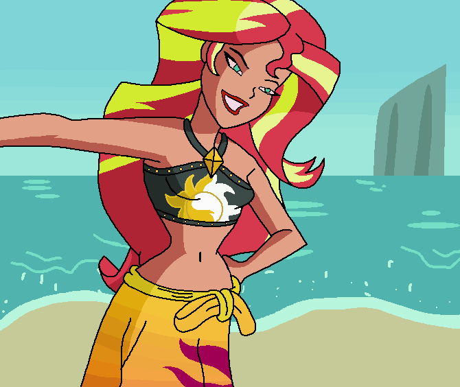 Size: 670x564 | Tagged: safe, artist:ocean lover, derpibooru import, sunset shimmer, human, equestria girls, g4, bare midriff, bare shoulders, beach, beautiful, belly, belly button, bikini, bikini babe, clothes, curvy, equestria girls specials, female, hourglass figure, human coloration, image, island, light skin, lips, midriff, ms paint, my little pony equestria girls: forgotten friendship, ocean, outdoors, png, pose, pretty, sand, sarong, sky, smiling, solo, stupid sexy sunset shimmer, summer sunset, sunset shimmer swimsuit, swimsuit, teal eyes, two toned hair, water, wave