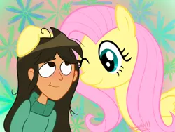 Size: 1024x768 | Tagged: safe, artist:abigail m., artist:cartuneslover16, derpibooru import, fluttershy, human, pegasus, pony, g4, clothes, commission, crossover, disney, duo, duo female, female, folded wings, hoof on head, image, libby, libby stein-torres, mare, one eye closed, png, signature, smiling, sweater, the ghost and molly mcgee, wings