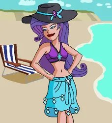 Size: 502x550 | Tagged: safe, artist:ocean lover, derpibooru import, rarity, human, equestria girls, g4, bare midriff, bare shoulders, beach, beach chair, beautiful, belly, belly button, bikini, bikini babe, blue eyes, blue eyeshadow, chair, clothes, cloud, curvy, diamond, equestria girls specials, eyeshadow, hat, hill, hourglass figure, human coloration, image, lidded eyes, light skin, lips, looking away, makeup, midriff, ms paint, my little pony equestria girls: forgotten friendship, ocean, outdoors, png, pose, pretty, purple hair, rarity's blue sarong, rarity's purple bikini, sand, sarong, sky, smiling, stupid sexy rarity, sun hat, swimsuit, water, wave