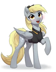 Size: 2029x2608 | Tagged: safe, artist:sierraex, derpibooru import, derpy hooves, pegasus, pony, series:derpy can't catch a break, g4, blushing, clothes, cute, derpabetes, female, high res, image, mare, mcdonald's, open mouth, open smile, png, raised hoof, simple background, smiling, solo, uniform, white background