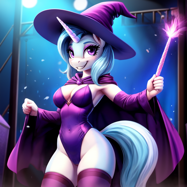 Size: 680x680 | Tagged: safe, ai content, derpibooru import, machine learning generated, prompter:dordrago, trixie, anthro, unicorn, g4, belly, belly button, breasts, cape, cleavage, clothes, great and powerful, hat, horn, image, leotard, magic, magician, magician outfit, png, smiling, socks, stage, stupid sexy trixie, thigh highs, wand, wizard hat