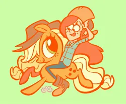 Size: 2048x1694 | Tagged: safe, artist:janegumball, derpibooru import, part of a set, applejack, earth pony, human, pony, g4, applejack's hat, big eyes, blonde mane, blonde tail, boots, clothes, colored, cowboy hat, crossover, denim, duo, duo female, ear piercing, earring, eyelashes, female, flannel, flat colors, freckles, galloping, gravity falls, green background, green eyes, hat, holding hat, humans riding ponies, image, jeans, jewelry, jpeg, light skin, long mane, long tail, looking at each other, looking at someone, looking back, mare, muddy boots, open mouth, open smile, orange coat, pants, piercing, profile, red hair, redhead, riding, riding a pony, running, shoes, signature, simple background, smiling, smiling at each other, smiling at someone, stetson, striped mane, striped tail, tail, tied mane, tied tail, two toned mane, two toned tail, wendy corduroy, winter cap