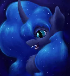 Size: 2200x2400 | Tagged: safe, artist:gosha305, derpibooru import, princess luna, pony, g4, bust, curved horn, ear fluff, ethereal mane, fangs, female, flowing mane, fluffy, grin, horn, image, lineless, looking at you, mare, night, night sky, png, portrait, sky, smiling, smiling at you, solo, starry mane, stars, teeth