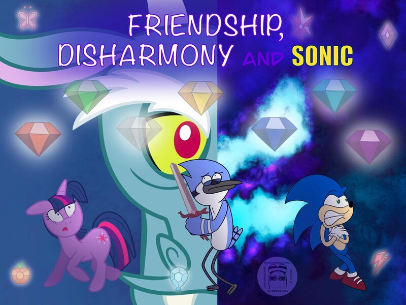 Size: 2048x1535 | Tagged: safe, artist:abigail m., derpibooru import, discord, twilight sparkle, anthro, bird, blue jay, draconequus, hedgehog, pony, unicorn, fanfic:friendship disharmony & sonic, g4, adventure time, chaos emerald, commission, crossover, element of generosity, element of honesty, element of kindness, element of laughter, element of loyalty, element of magic, elements of harmony, fanfic art, female, horn, image, jpeg, male, mare, mordecai, nervous, open mouth, regular show, sonic the hedgehog, sonic the hedgehog (series), sword, tail, unicorn twilight, weapon