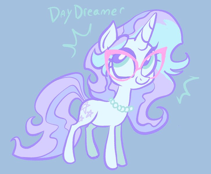 Size: 1704x1408 | Tagged: safe, artist:janegumball, derpibooru import, oc, oc:day dreamer (janegumball), unofficial characters only, pony, unicorn, big eyes, blue background, blue coat, emanata, eyelashes, female, female oc, glasses, green eyes, green text, horn, image, jewelry, jpeg, light blue coat, long mane, long tail, looking up, mare, mare oc, necklace, pearl necklace, ponysona, purple tail, simple background, solo, standing, tail, text, thick horn, three toned mane, two toned tail, unicorn horn, unicorn oc, wavy mane, wavy tail