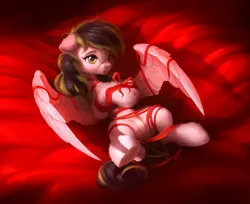 Size: 3417x2783 | Tagged: oc name needed, safe, artist:itssim, derpibooru import, oc, unofficial characters only, pegasus, pony, belly, bondage, chest fluff, dock, featureless crotch, female, fluffy, hoof heart, image, lying down, mare, on back, partially open wings, pegasus oc, png, rope, rope bondage, shibari, solo, tail, underhoof, upside-down hoof heart, wings