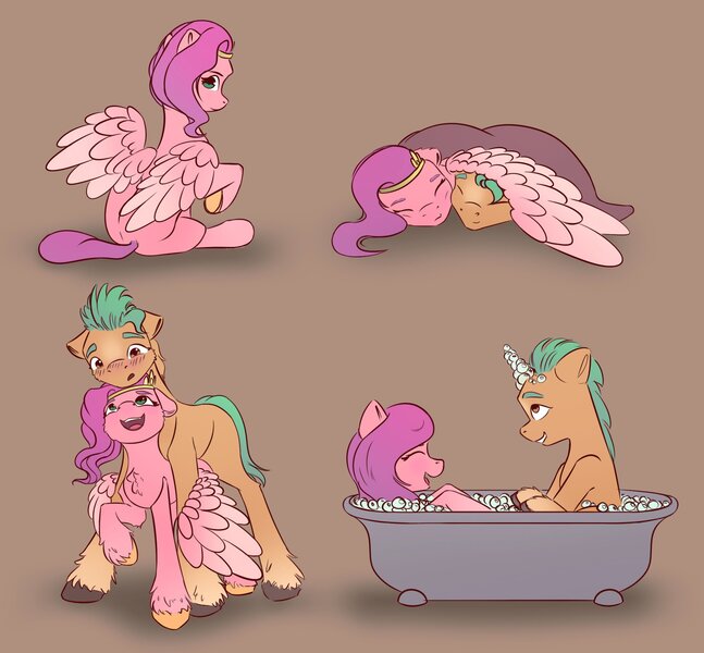 Size: 2478x2299 | Tagged: safe, artist:itssim, derpibooru import, hitch trailblazer, pipp petals, earth pony, pegasus, pony, g5, bathtub, blushing, duo, duo male and female, eyes closed, female, floppy ears, high res, hug, image, jpeg, male, mare, open mouth, open smile, raised hoof, ship:pitch, shipping, sitting, smiling, spread wings, stallion, straight, tail, unshorn fetlocks, wing blanket, winghug, wings